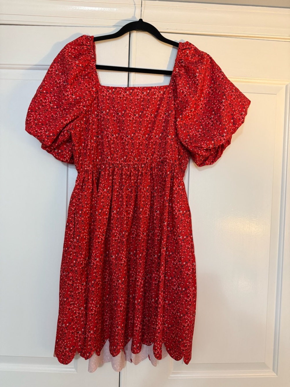 Red Puff-Sleeve Square-Neck Dress